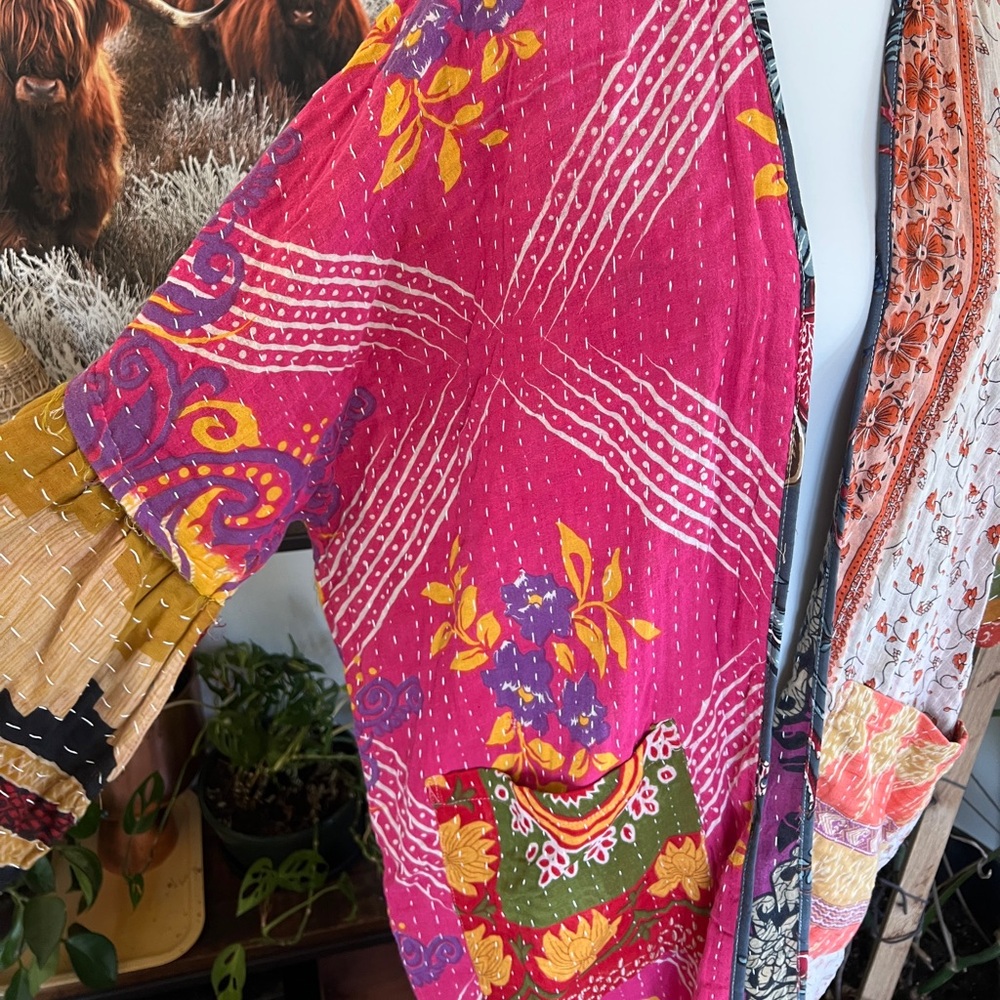 Kantha India Sari Colorful Bell Sleeve Kimono Robe OS NWOT - Picture 7 of 16